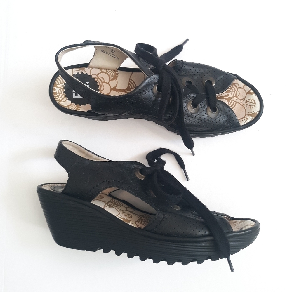 Fly London Ylfa Perforated Black Leather Wedge